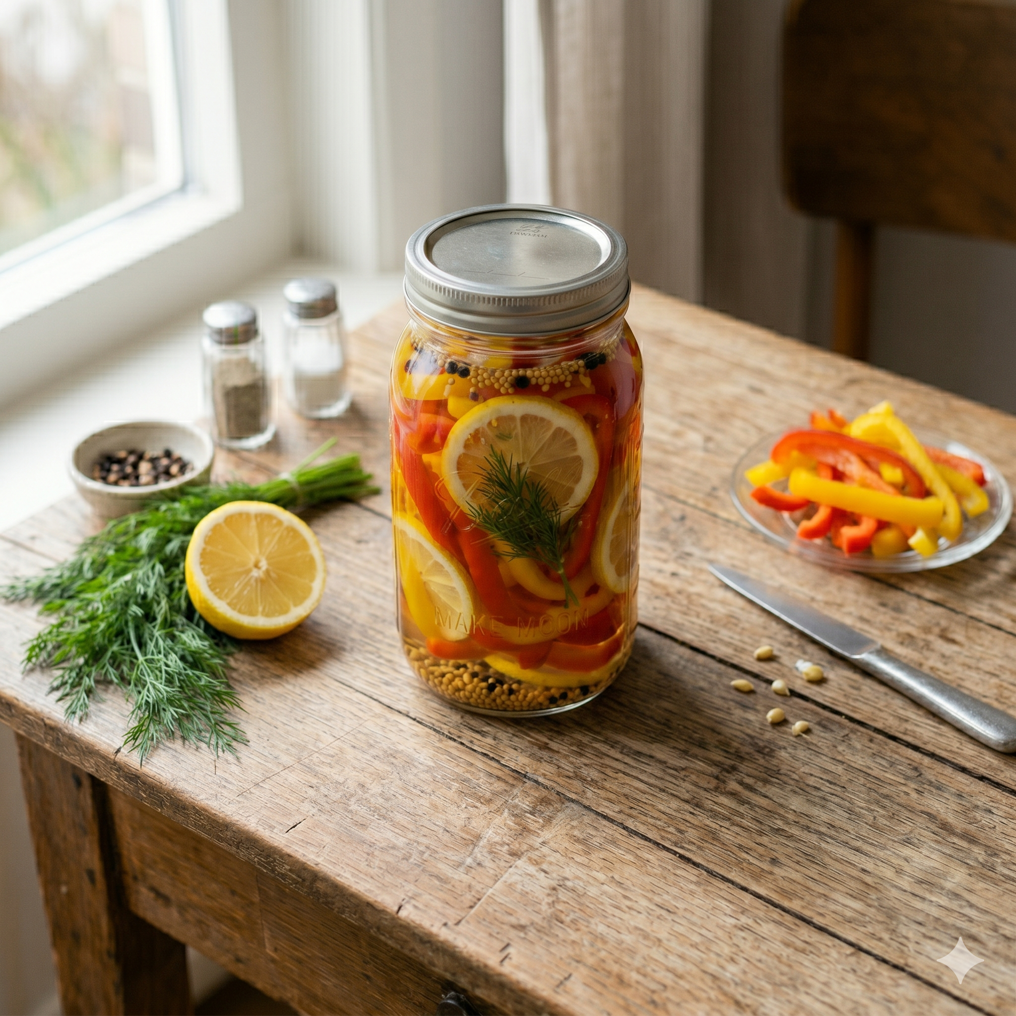 Je bekijkt nu Ingemaakte paprika met citroen & mosterdzaad
